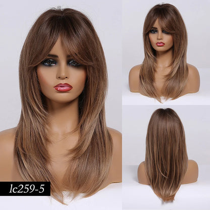 Element Medium Length Synthetic Straight Natural Brown Wigs with Side Bangs Heat Resistant Party Wigs for White/Black Women