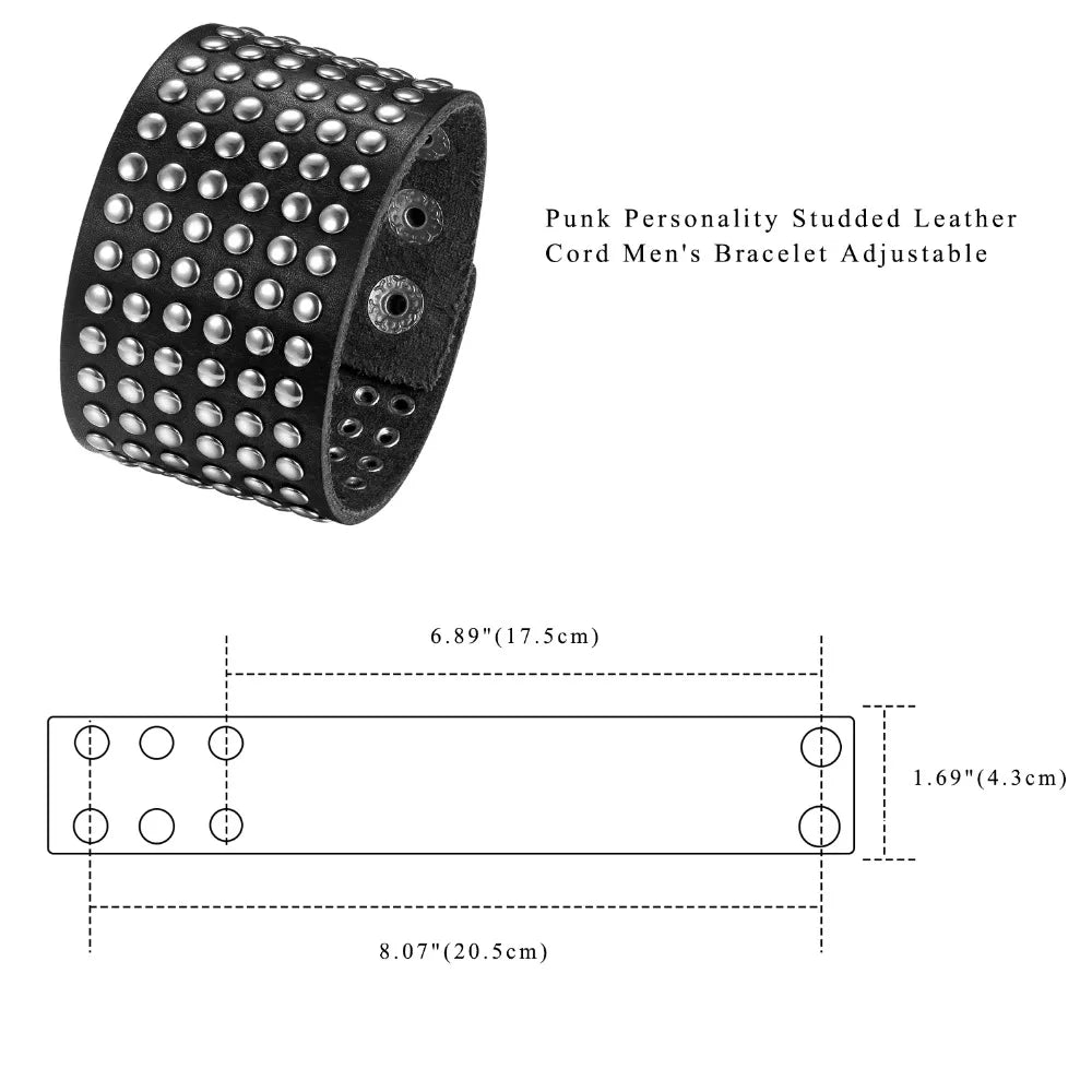 BONISKISS 2020 Fashion Stud Spikes Rivet Adjustable Leather Wristband Bangle Cuff Bracelet Wide Cuff Punk style Cool Men Jewelry