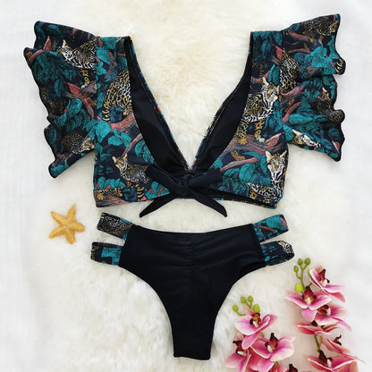 Tropical Style Women Bikini Set Ruffle Floral Printed High Waist Swimwear Summer Flower Swimsuit Biquini Bathing Suit Female