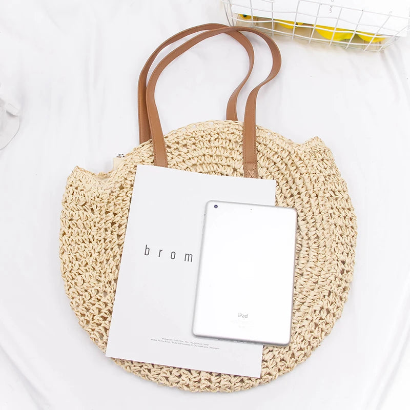 Round Straw Beach Bag Vintage Handmade Woven Shoulder Bag Raffia circle Rattan bags Bohemian Summer Vacation Casual Bags