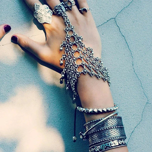 Bohemian Vintage Hollow Flower Finger Bracelet For Women Festival Turkish Slave Bracelets Beach Gypsy Tribal Bangle Sexy Jewelry