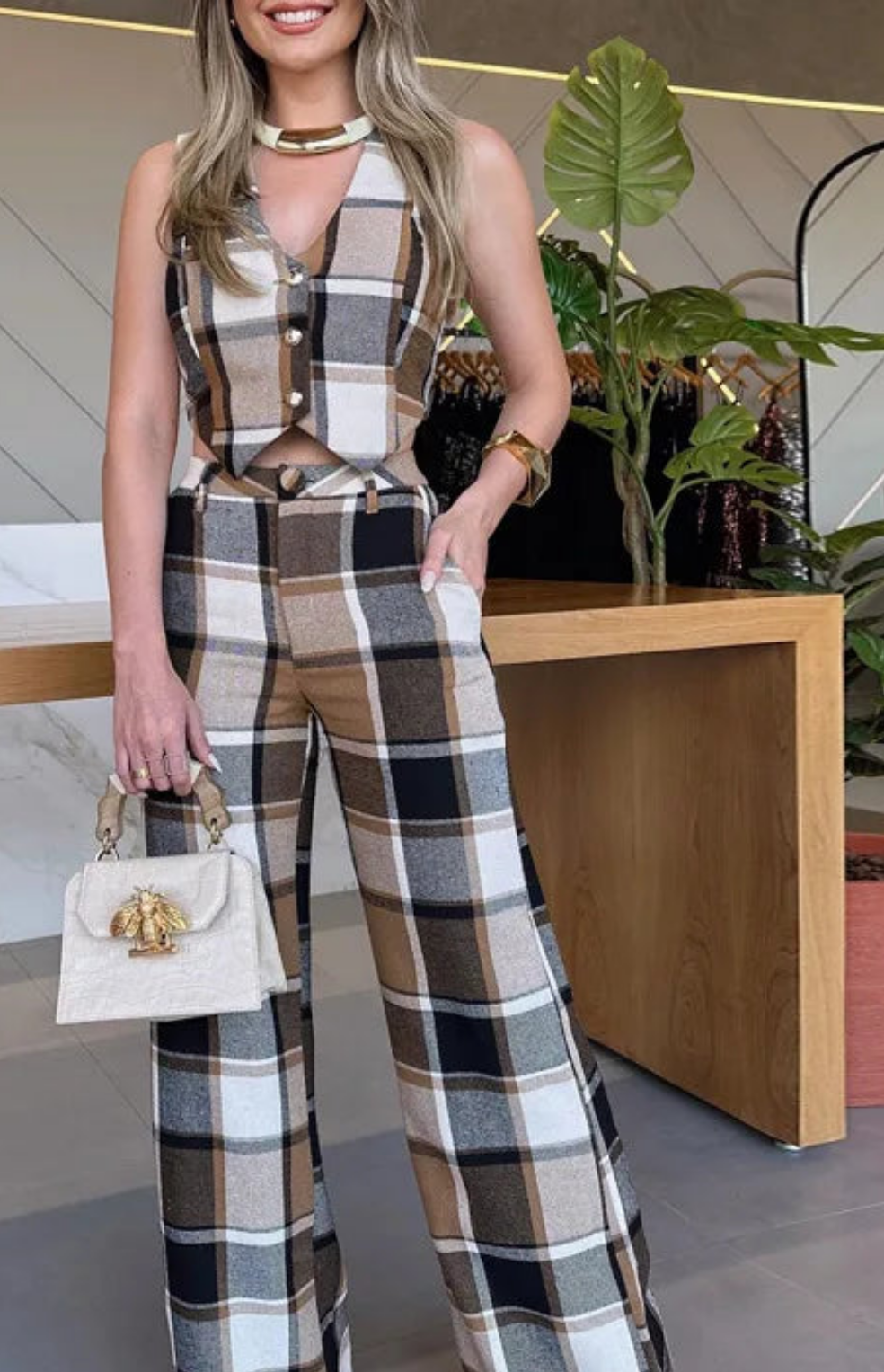 Mandylandy Khaki Plaid Sleeveless Vest Suit Straight-Leg Pants 2-Piece Sets Outfits Women Summer Fashion Vests Coats Trousers