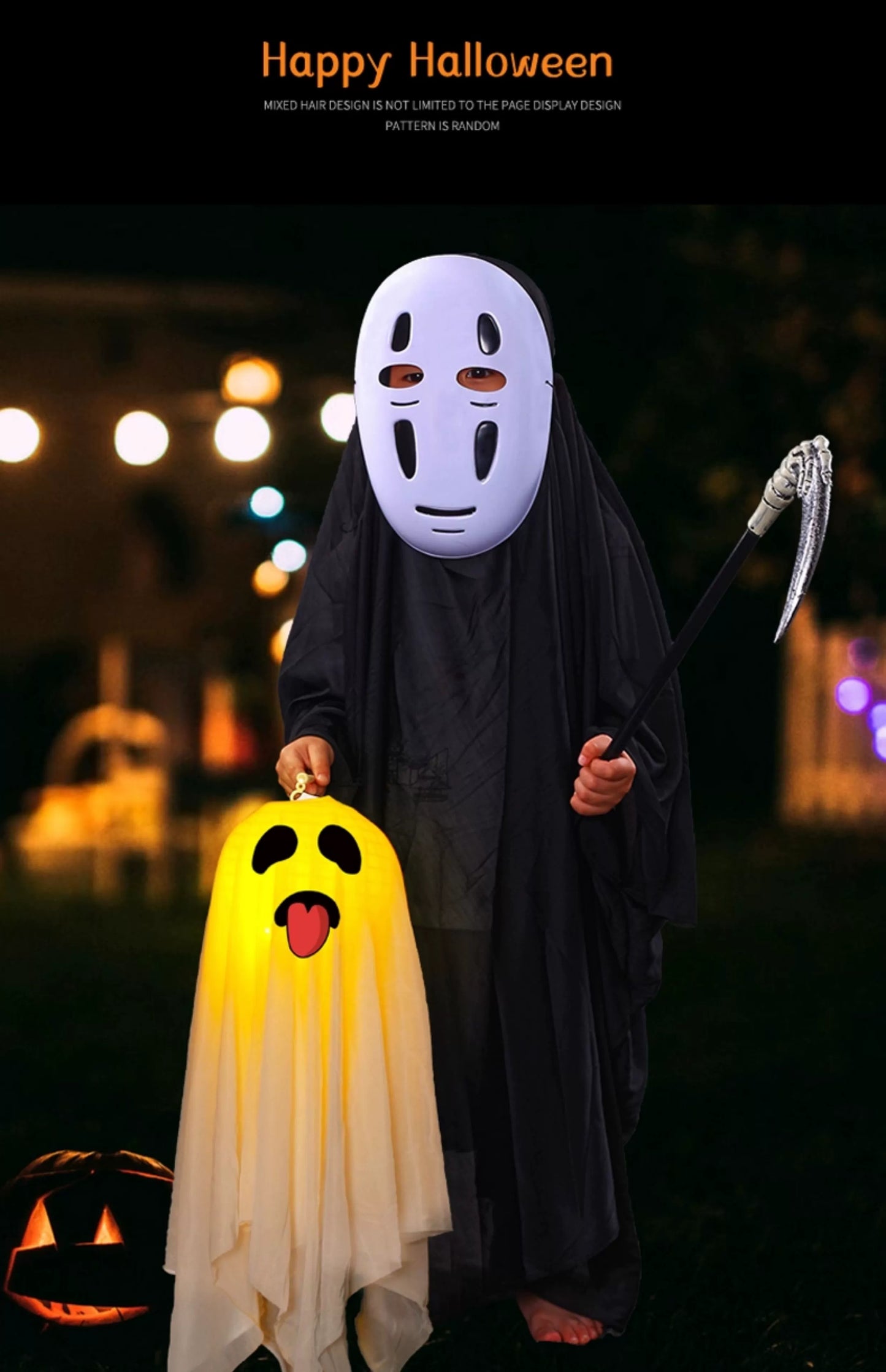 Child in ghost costume holding a Halloween ghost pumpkin lamp for festive decorations