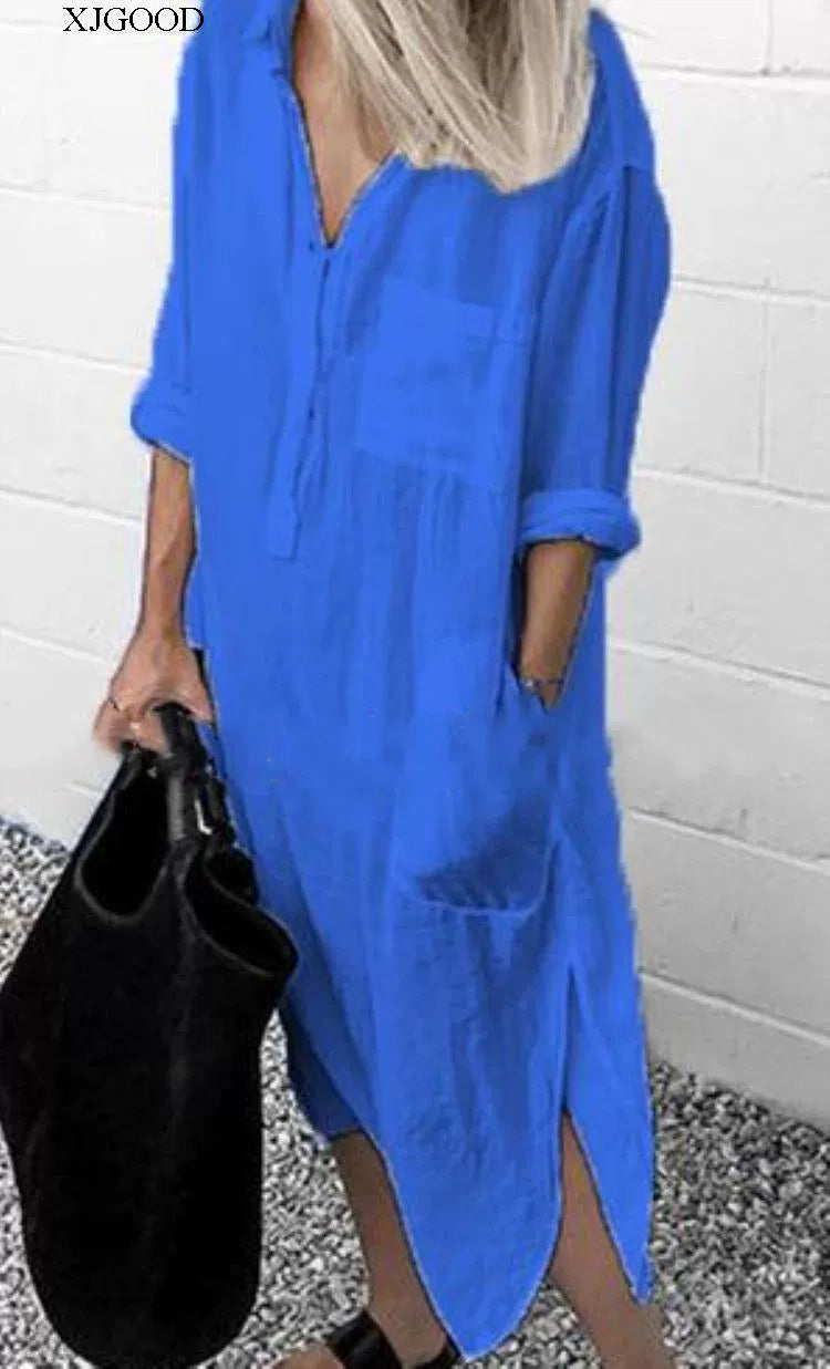Women's V-neck Solid Color Slim Dress Women's V Neck Pure Color Slit Dress