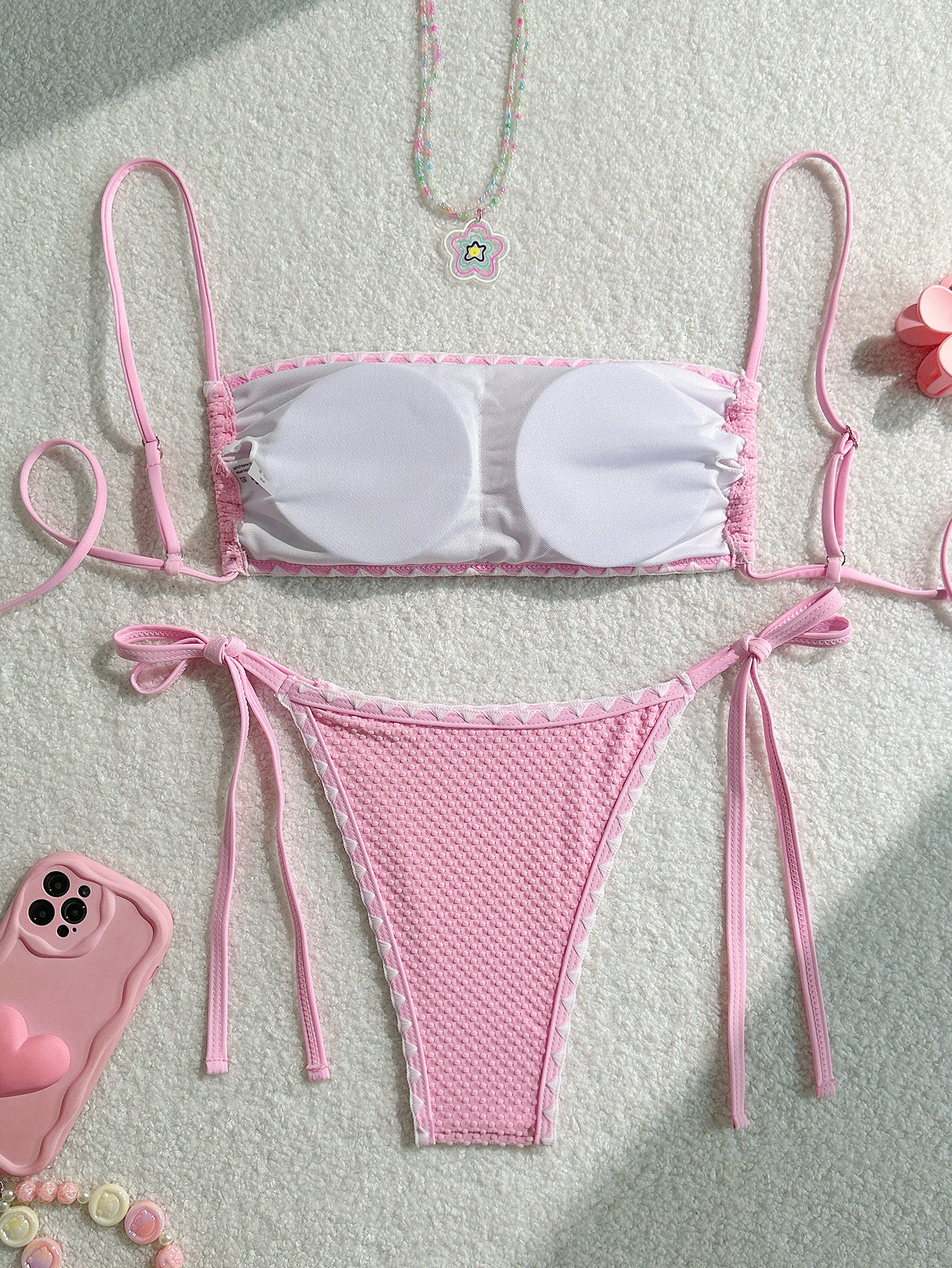 Swimwear White 2 Piece Strapless Swimsuit for Women Sexy Bandeau Backless Bikini Set Lace-up Patchwork Bathing Suit 2025 New