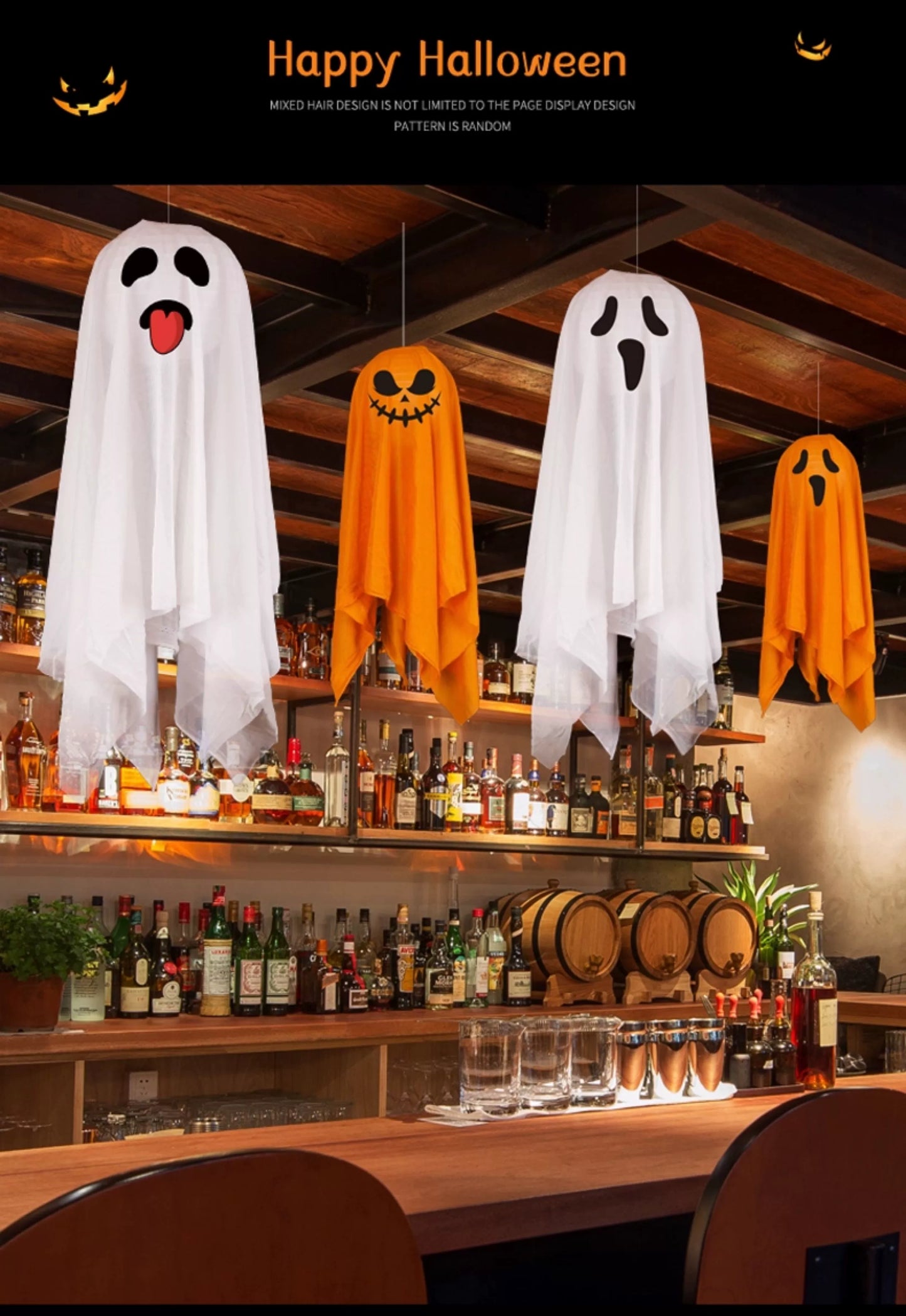 Halloween ghost pumpkin lamp with festive designs hanging in a cozy bar setting