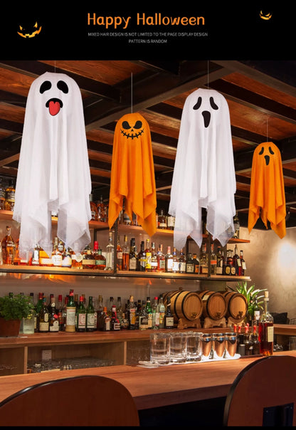 Halloween ghost pumpkin lamp with festive designs hanging in a cozy bar setting