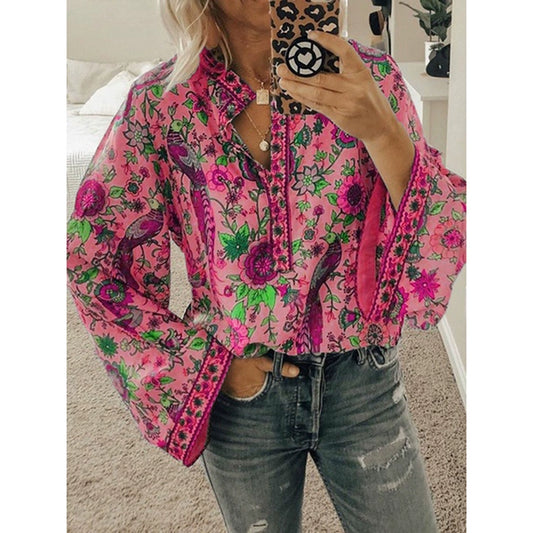 V-Neck Printed Loose Button Long Sleeve Shirt Loose Button Blouse