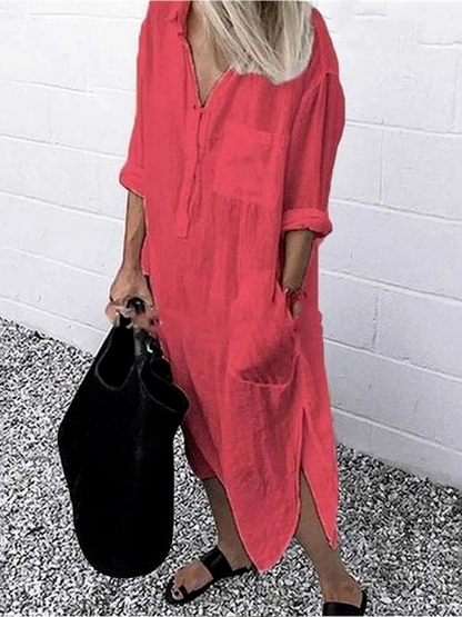 Women's V-neck Solid Color Slim Dress Women's V Neck Pure Color Slit Dress
