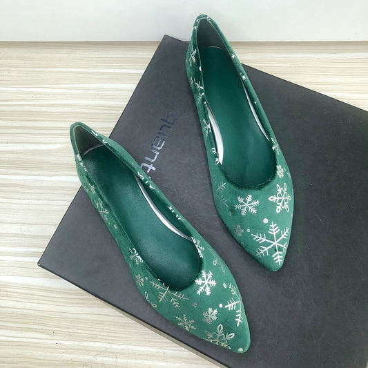 Autumn and Winter Green Suede Snowflake Low-Cut plus Size Christmas Shoes