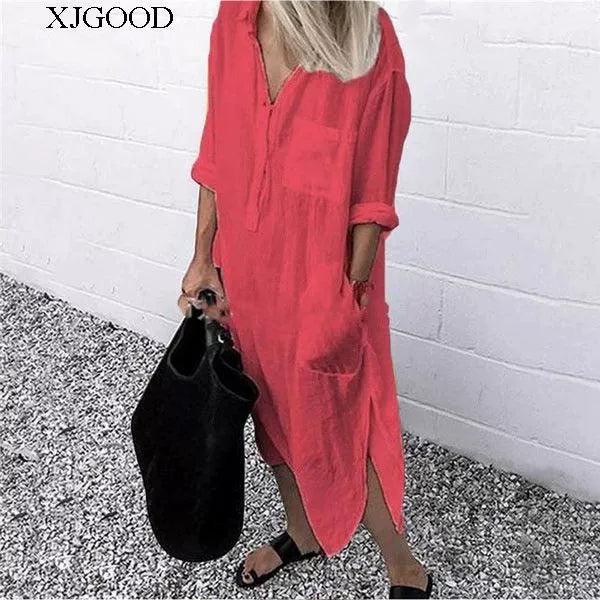 Women's V-neck Solid Color Slim Dress Women's V Neck Pure Color Slit Dress