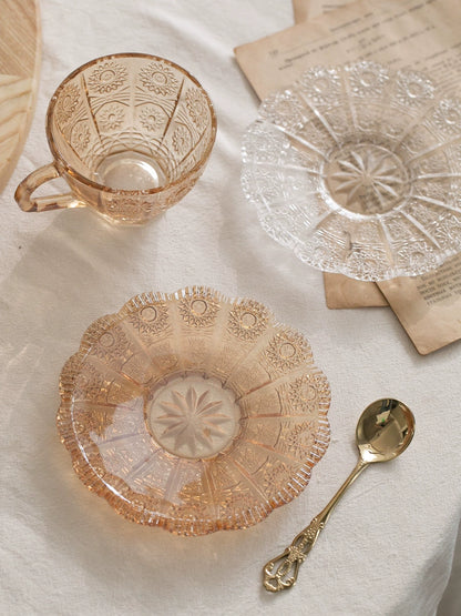 Retro Embossed Carved Tea Set Palace Style Glass and Glass Saucer