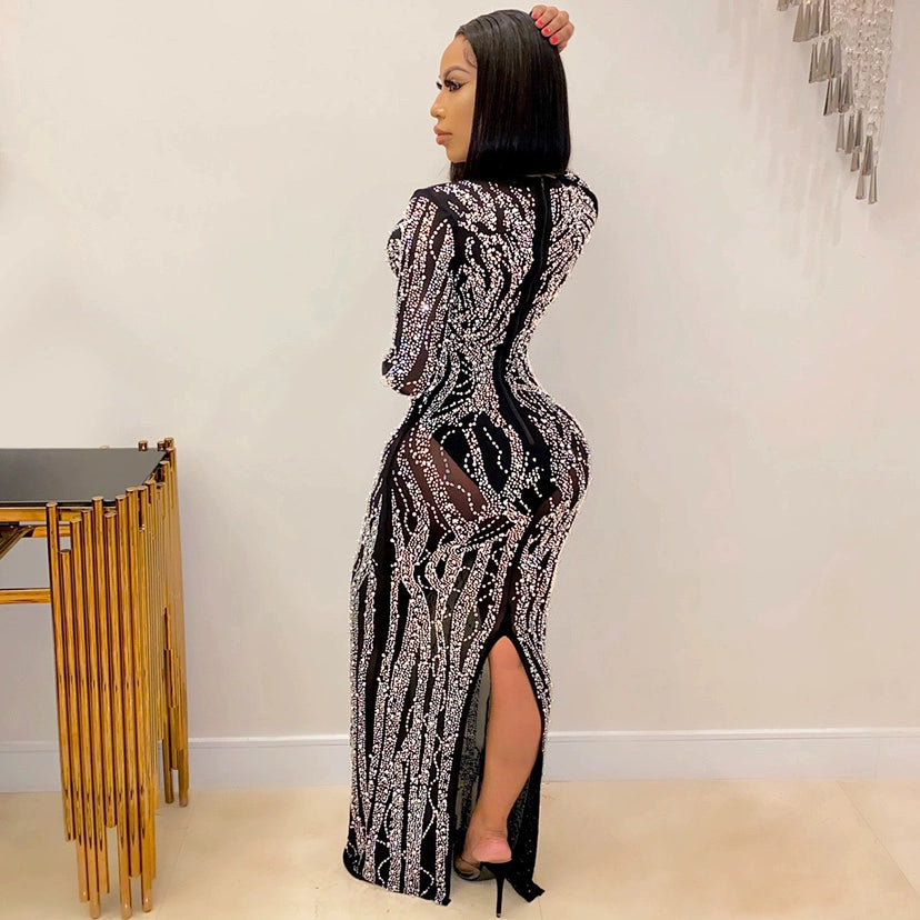 Women's Mid Slit Rhinestone Sheer Mesh Dress