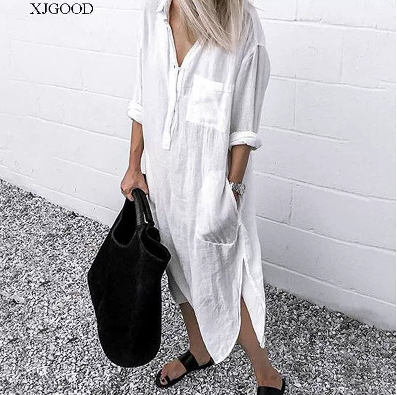 Women's V-neck Solid Color Slim Dress Women's V Neck Pure Color Slit Dress