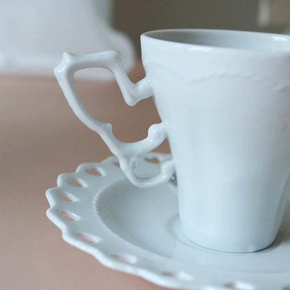 Classical European Heart-Shaped Hollow Retro Tall Feet White Coffee / Tea Cup Set