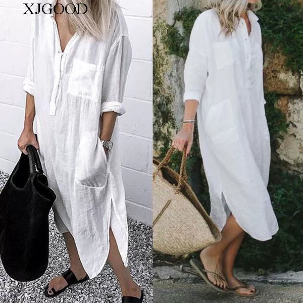 Women's V-neck Solid Color Slim Dress Women's V Neck Pure Color Slit Dress