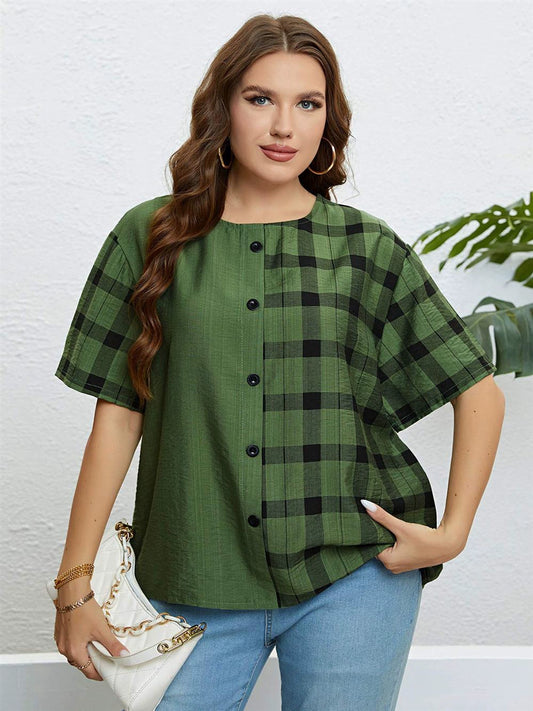 plus Size Women Top Summer T Shirts plus Size Summer Plaid Loose Casual Top