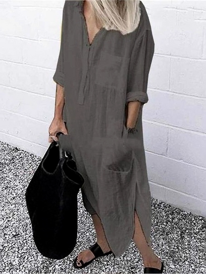 Women's V-neck Solid Color Slim Dress Women's V Neck Pure Color Slit Dress
