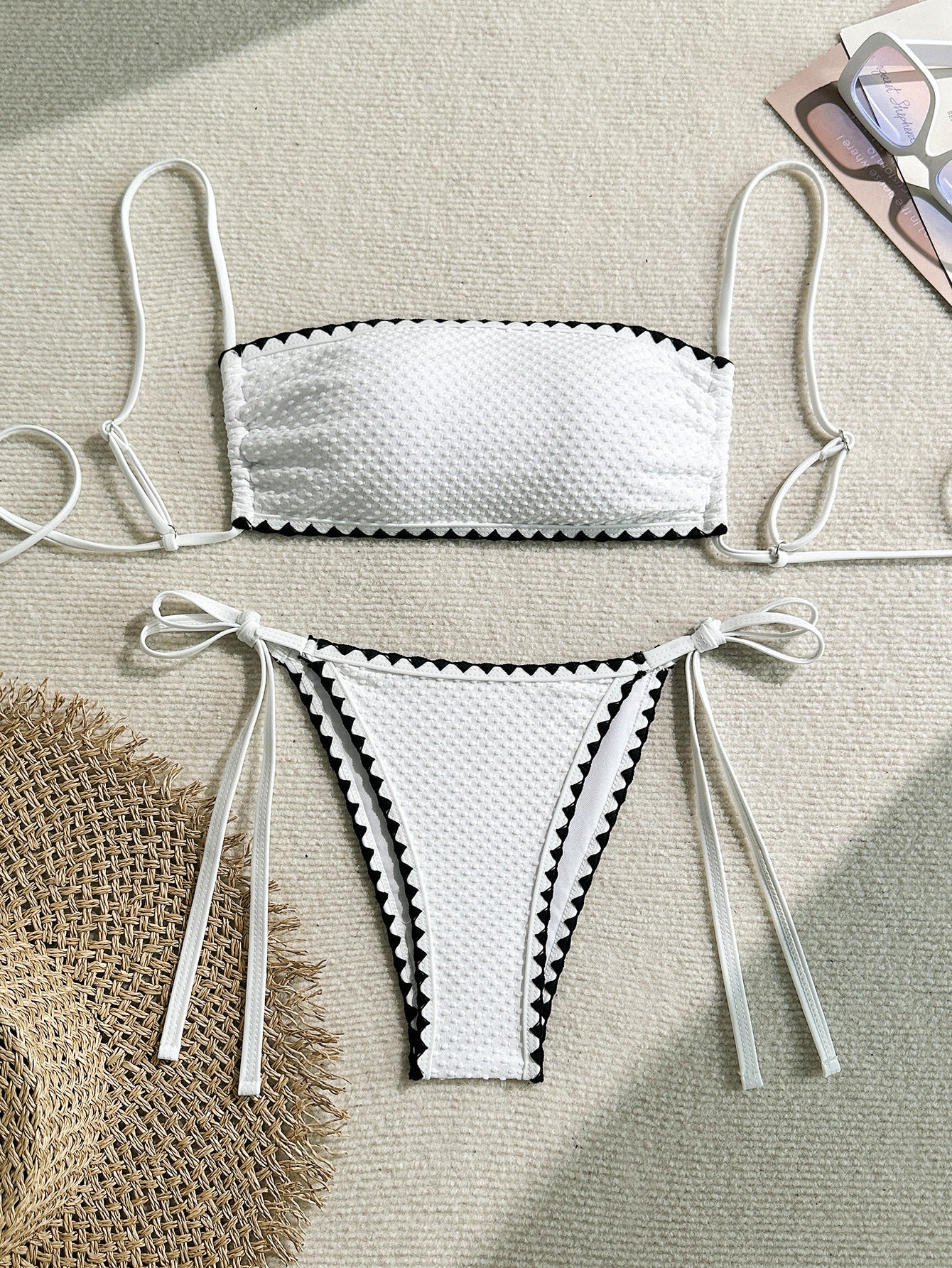 Swimwear White 2 Piece Strapless Swimsuit for Women Sexy Bandeau Backless Bikini Set Lace-up Patchwork Bathing Suit 2025 New
