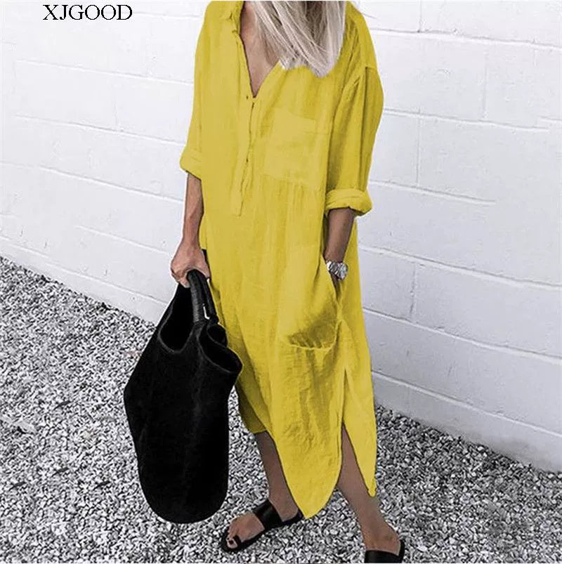 Women's V-neck Solid Color Slim Dress Women's V Neck Pure Color Slit Dress