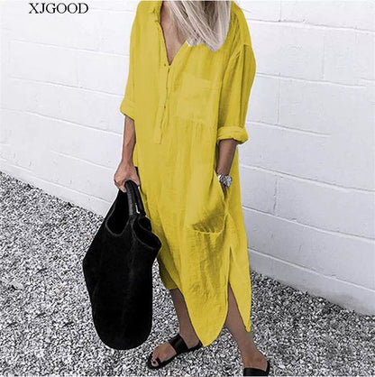 Women's V-neck Solid Color Slim Dress Women's V Neck Pure Color Slit Dress