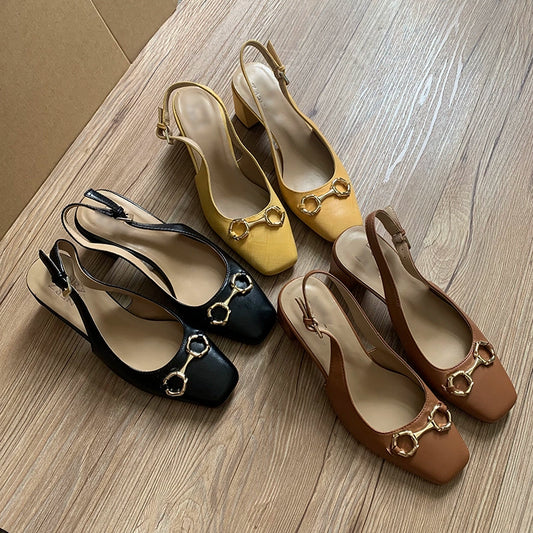 Square Toe High Heel Genuine Leather Retro Chunky Heel Sandals