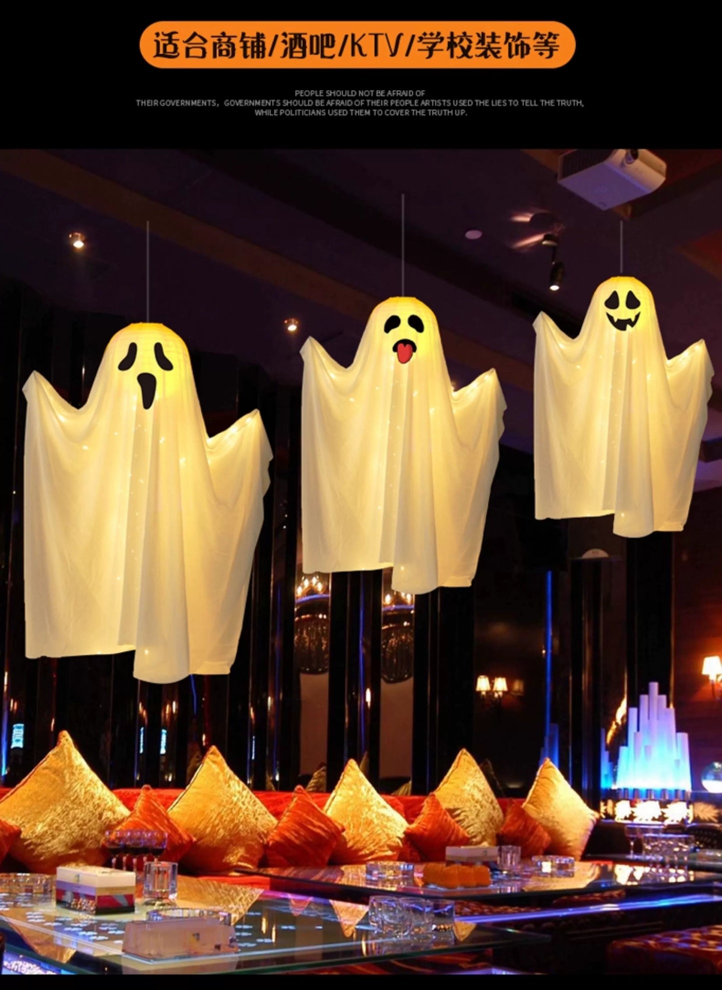 EtherealBe Halloween ghost pumpkin lamp featuring three hanging ghost designs for festive decor