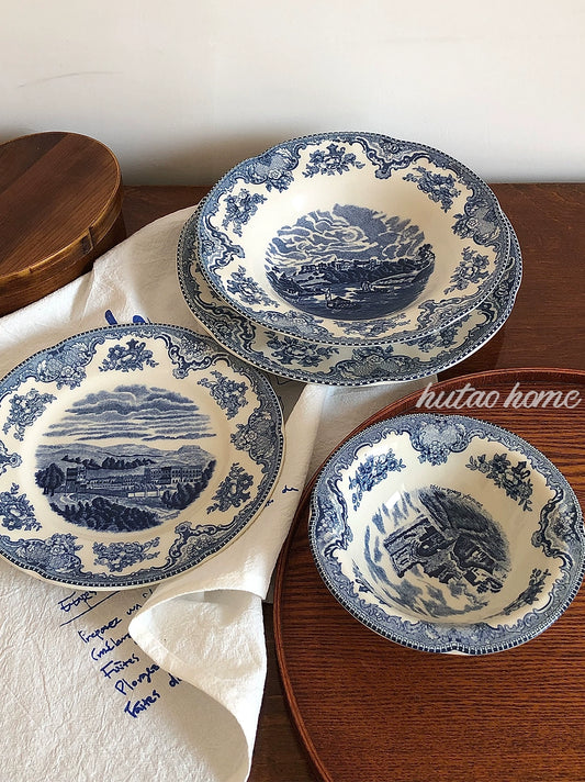 INS Style British Retro Blue Color Plate Breakfast Plate Dessert Plate Salad Bowl Italian Pasta Dish Soup Bowl Steak Plate
