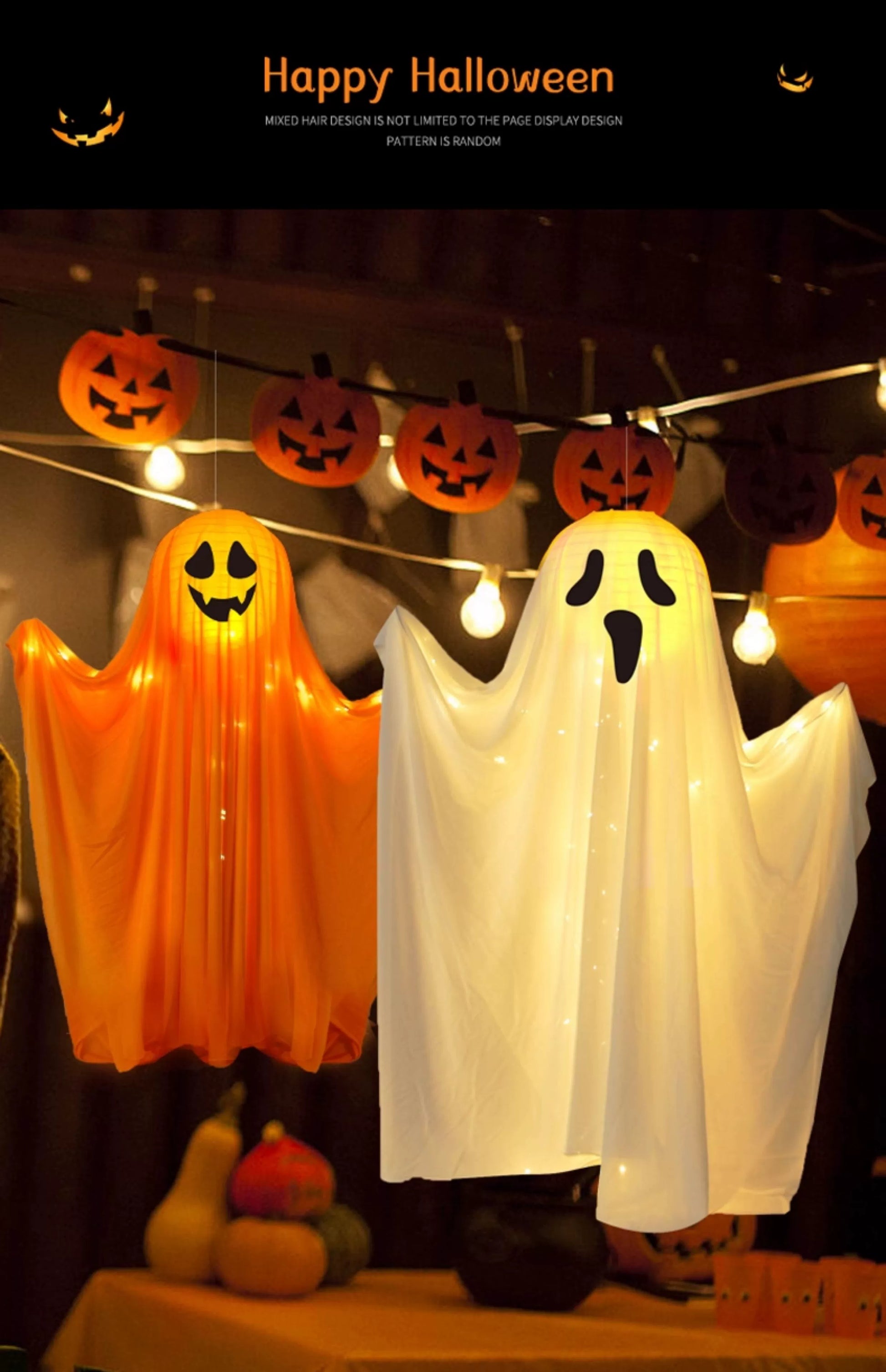 EtherealBe Halloween ghost pumpkin lamp set featuring glowing orange and white ghost designs with festive lighting
