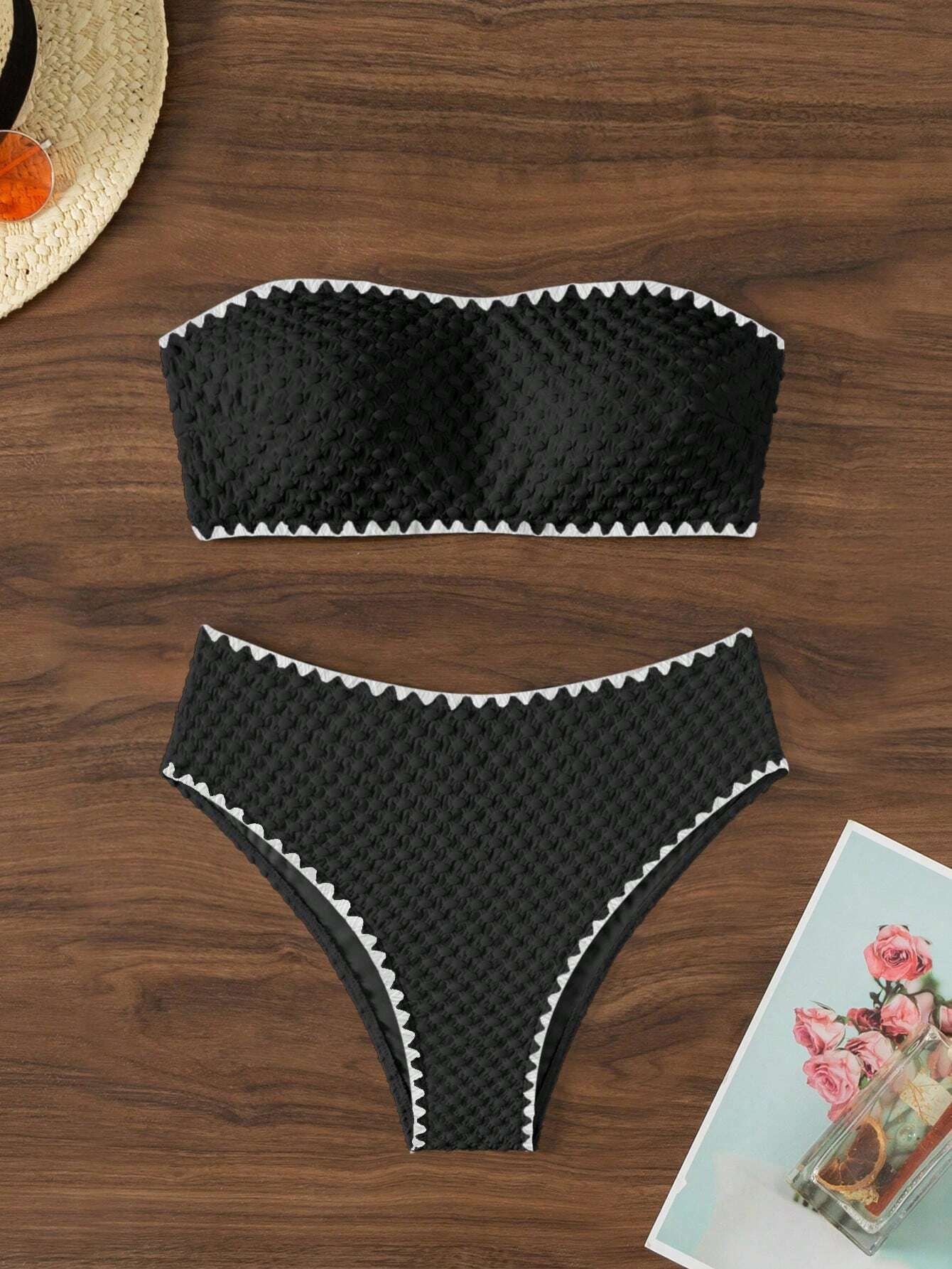 Swimwear White 2 Piece Strapless Swimsuit for Women Sexy Bandeau Backless Bikini Set Lace-up Patchwork Bathing Suit 2025 New