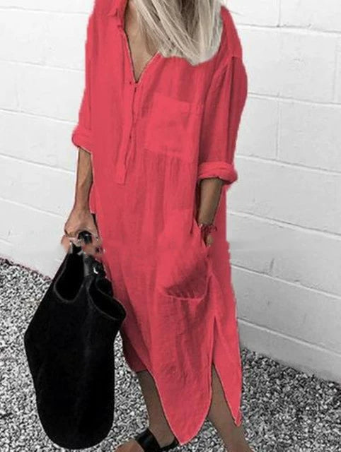 Women's V-neck Solid Color Slim Dress Women's V Neck Pure Color Slit Dress