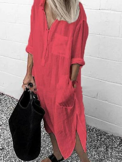 Women's V-neck Solid Color Slim Dress Women's V Neck Pure Color Slit Dress