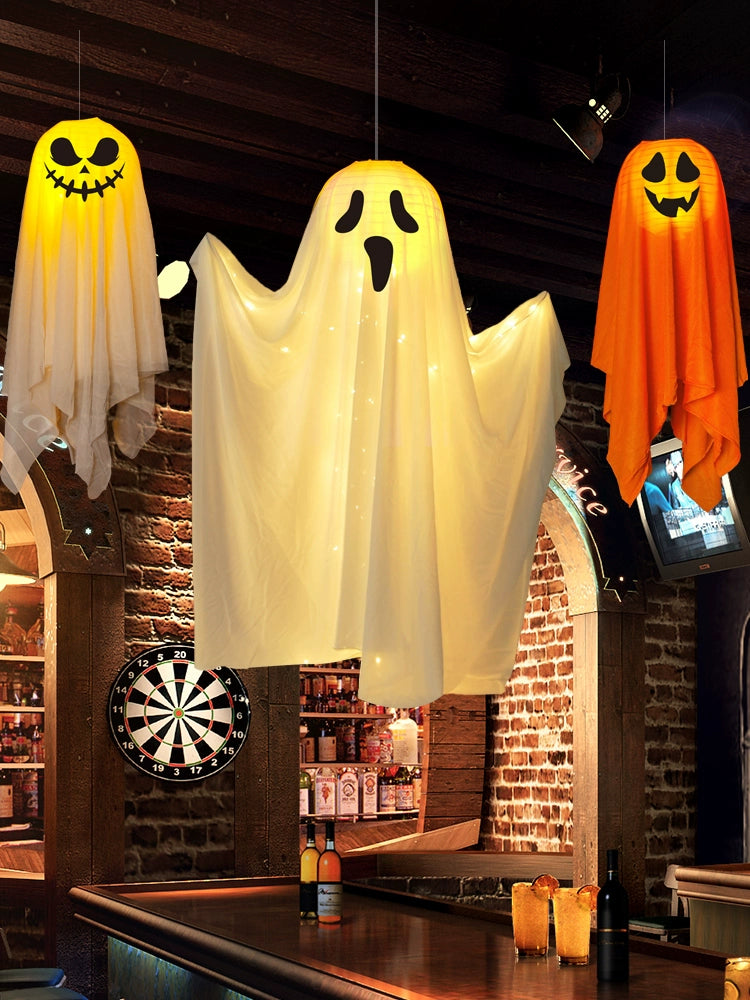 EtherealBe Halloween ghost pumpkin lamp trio featuring glowing ghost and smiling pumpkin designs
