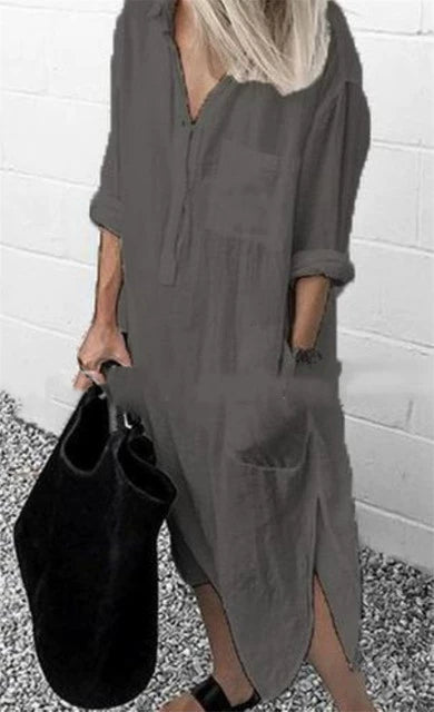 Women's V-neck Solid Color Slim Dress Women's V Neck Pure Color Slit Dress