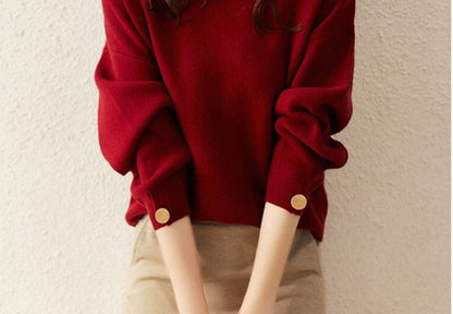 Christmas Red Lady Temperament Loose round Neck Knitted Sweater