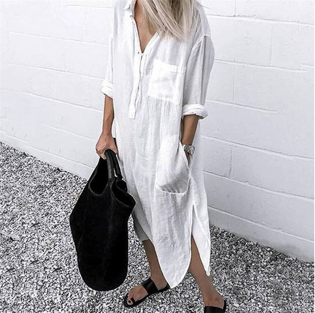 Women's V-neck Solid Color Slim Dress Women's V Neck Pure Color Slit Dress