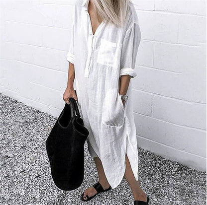 Women's V-neck Solid Color Slim Dress Women's V Neck Pure Color Slit Dress