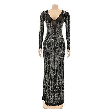 Women's Mid Slit Rhinestone Sheer Mesh Dress