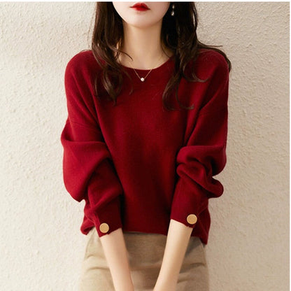 Christmas Red Lady Temperament Loose round Neck Knitted Sweater