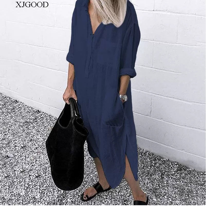 Women's V-neck Solid Color Slim Dress Women's V Neck Pure Color Slit Dress