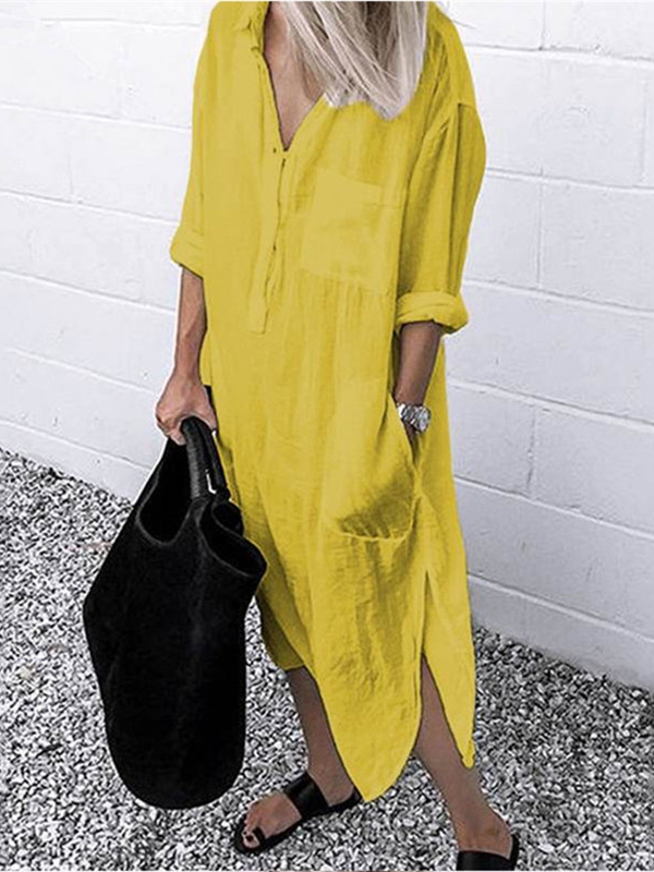 Women's V-neck Solid Color Slim Dress Women's V Neck Pure Color Slit Dress