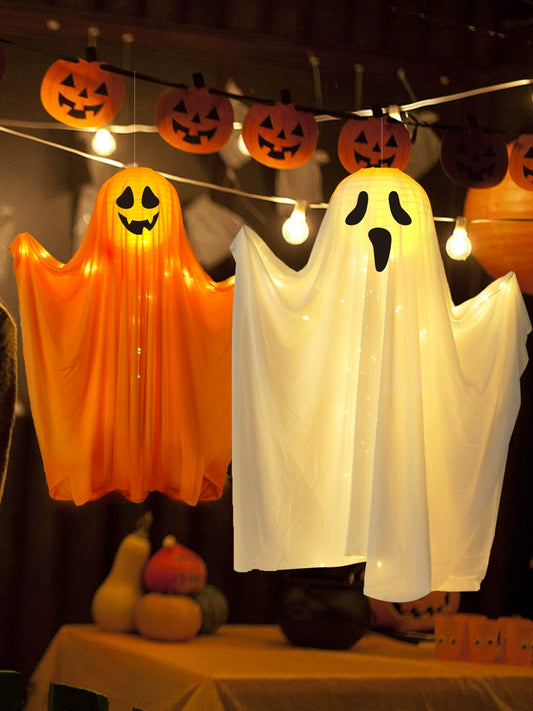EtherealBe Halloween ghost pumpkin lamp with two glowing ghost figures hanging for festive decoration