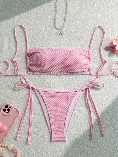 Swimwear White 2 Piece Strapless Swimsuit for Women Sexy Bandeau Backless Bikini Set Lace-up Patchwork Bathing Suit 2025 New