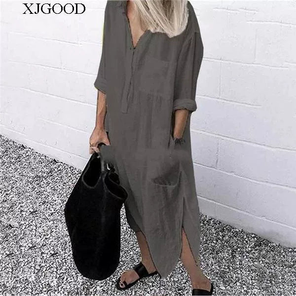 Women's V-neck Solid Color Slim Dress Women's V Neck Pure Color Slit Dress