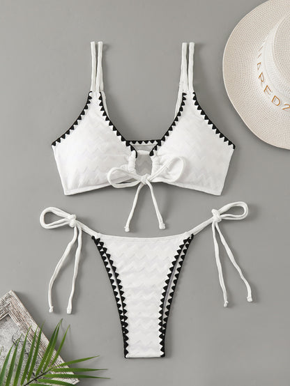 Swimwear White 2 Piece Strapless Swimsuit for Women Sexy Bandeau Backless Bikini Set Lace-up Patchwork Bathing Suit 2025 New