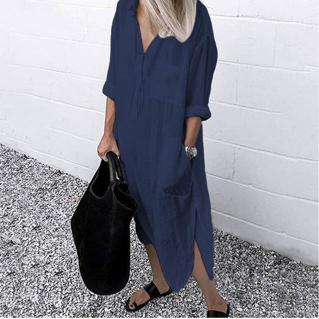 Women's V-neck Solid Color Slim Dress Women's V Neck Pure Color Slit Dress