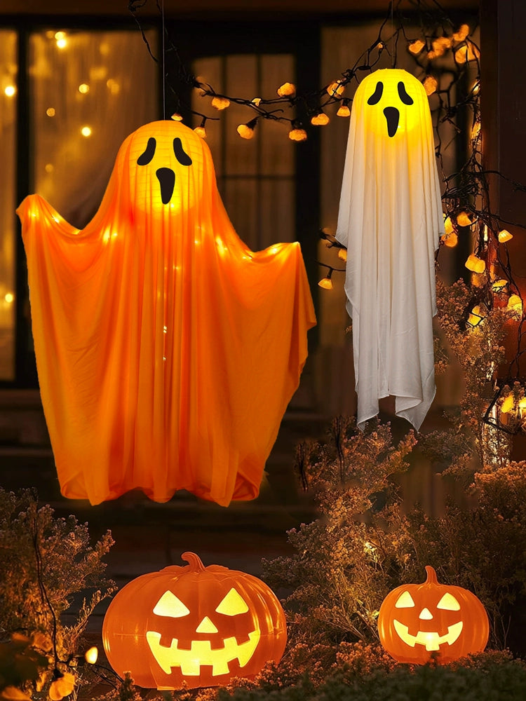 EtherealBe Halloween ghost pumpkin lamp with glowing ghost decorations and carved pumpkin lights