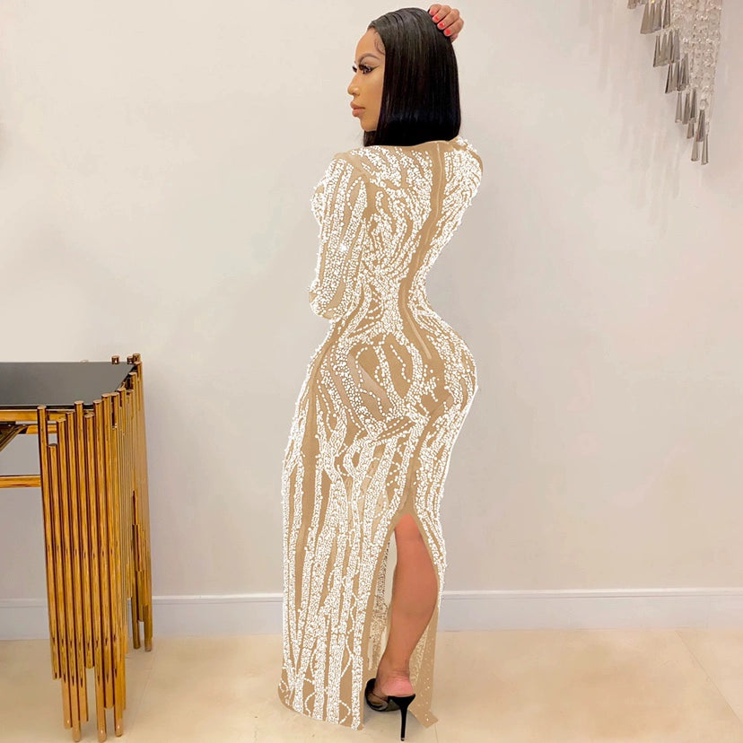 Women's Mid Slit Rhinestone Sheer Mesh Dress