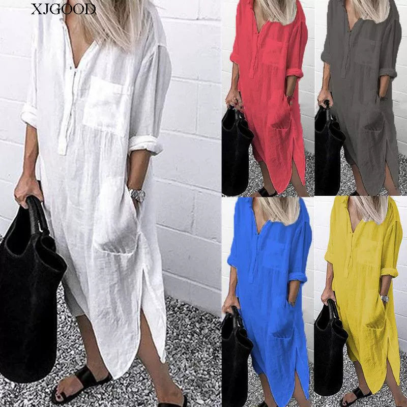 Women's V-neck Solid Color Slim Dress Women's V Neck Pure Color Slit Dress