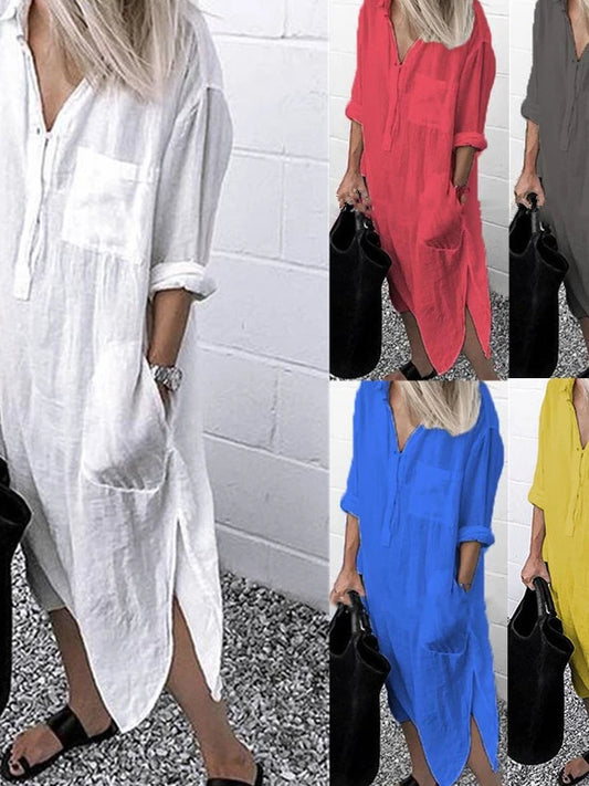 Women's V-neck Solid Color Slim Dress Women's V Neck Pure Color Slit Dress